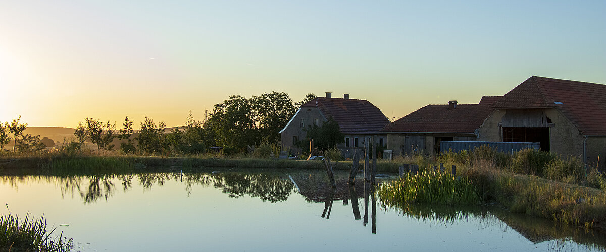 Humusland Hof in der Nordpfalz – Hofgebäude spiegeln sich im Teich bei Abenddämmerung